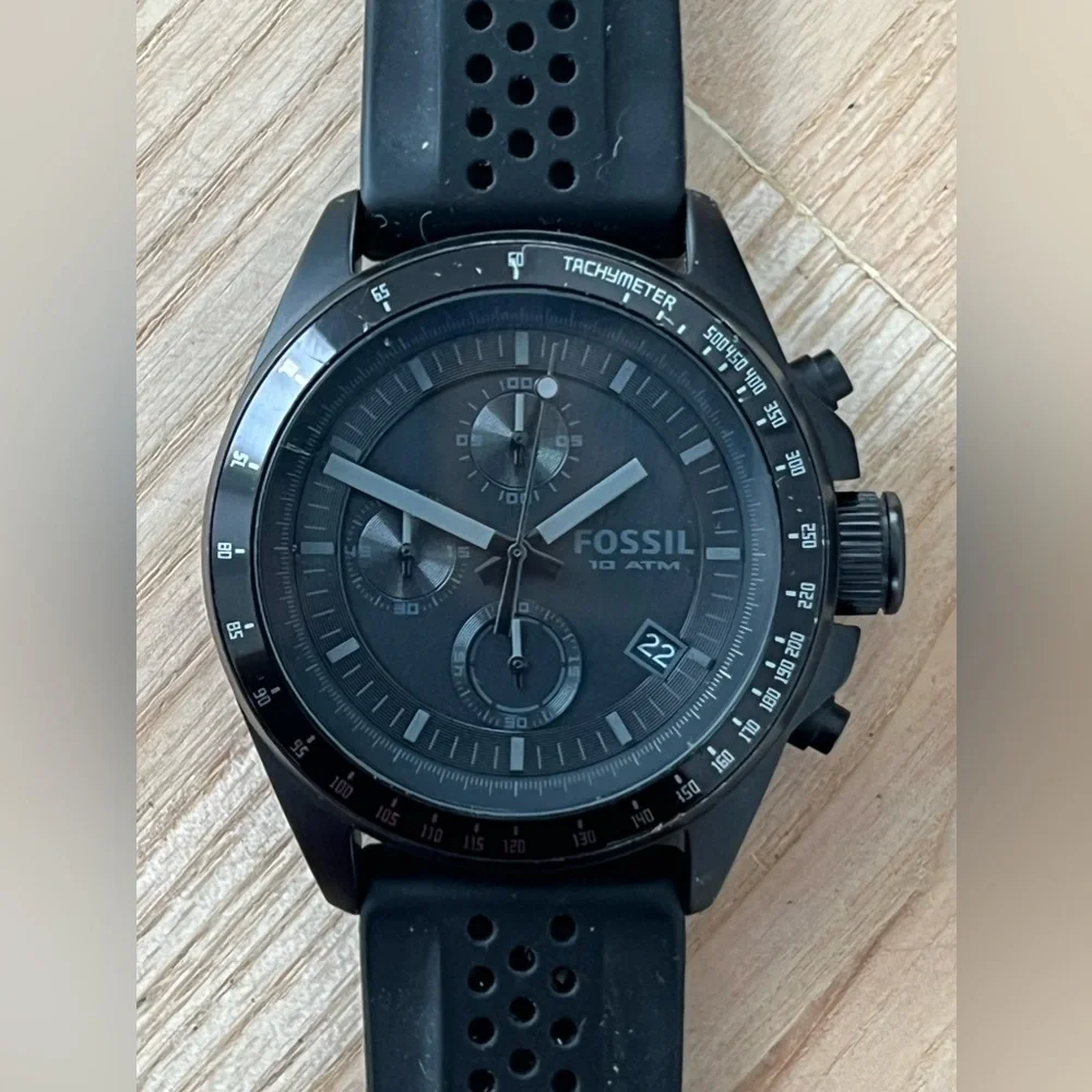 Fossil Decker Chronograph Watch Black Dial Date Window Black Silicone Strap